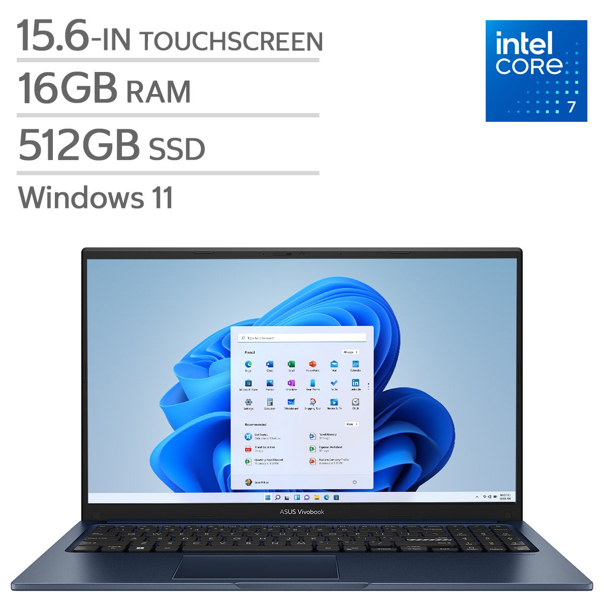 Ordinateur portable — ASUS Vivobook 15 15.6-in tactile portable, Intel Core 7 350 – 16GB RAM, 512GB SSD
