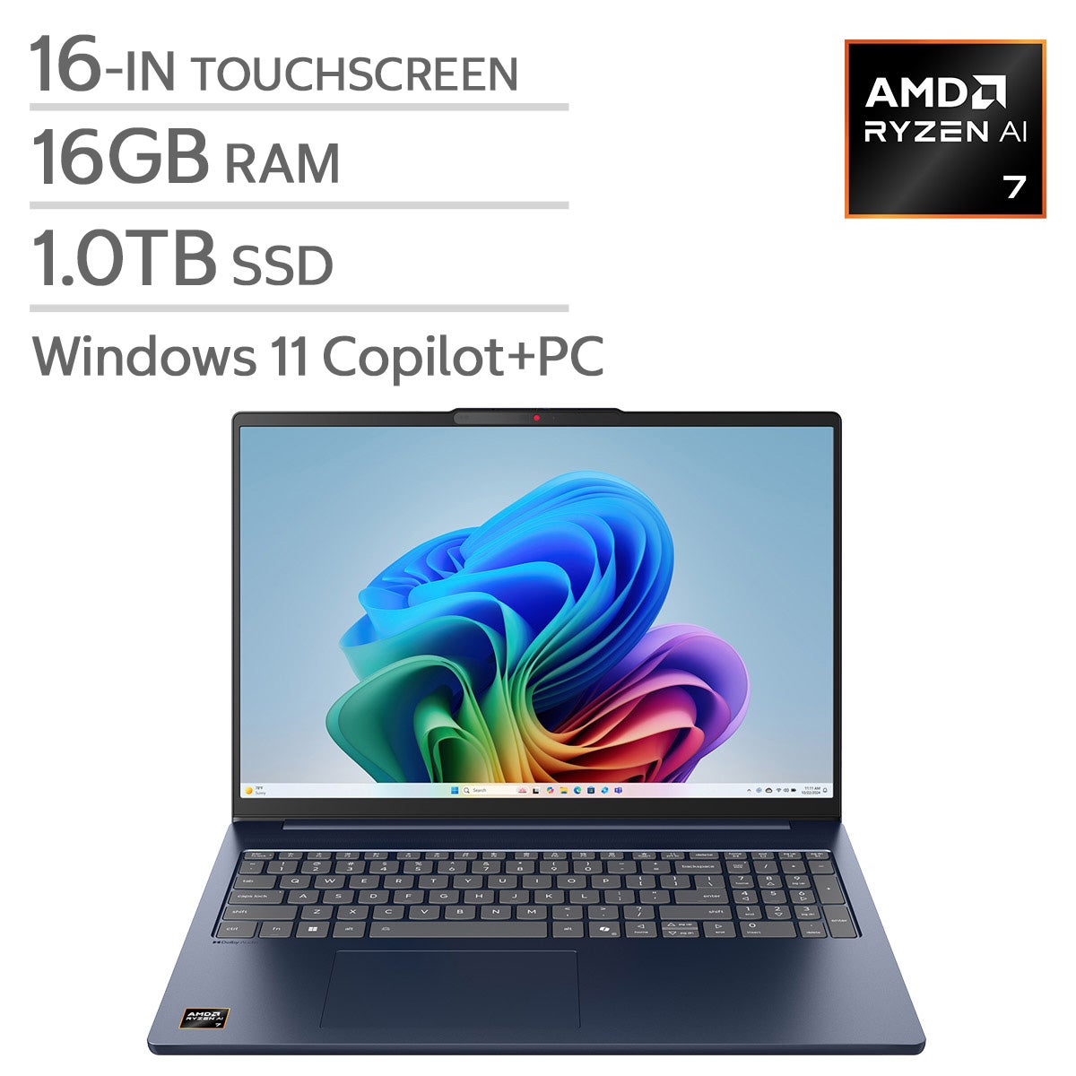 Ordinateur portable — Lenovo IdeaPad Slim 5 Copilot+PC 16.0-in. tactile portable, AMD Ryzen AI 7 350, 16GB RAM, 1TB SSD