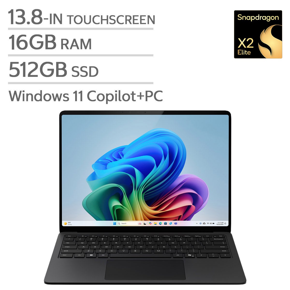 Ordinateur portable — Microsoft Surface 13.8-in. Copilot+ PC tactile portable, Qualcomm Snapdragon X2 Elite - 16GB RAM, 512 GB SSD - noir