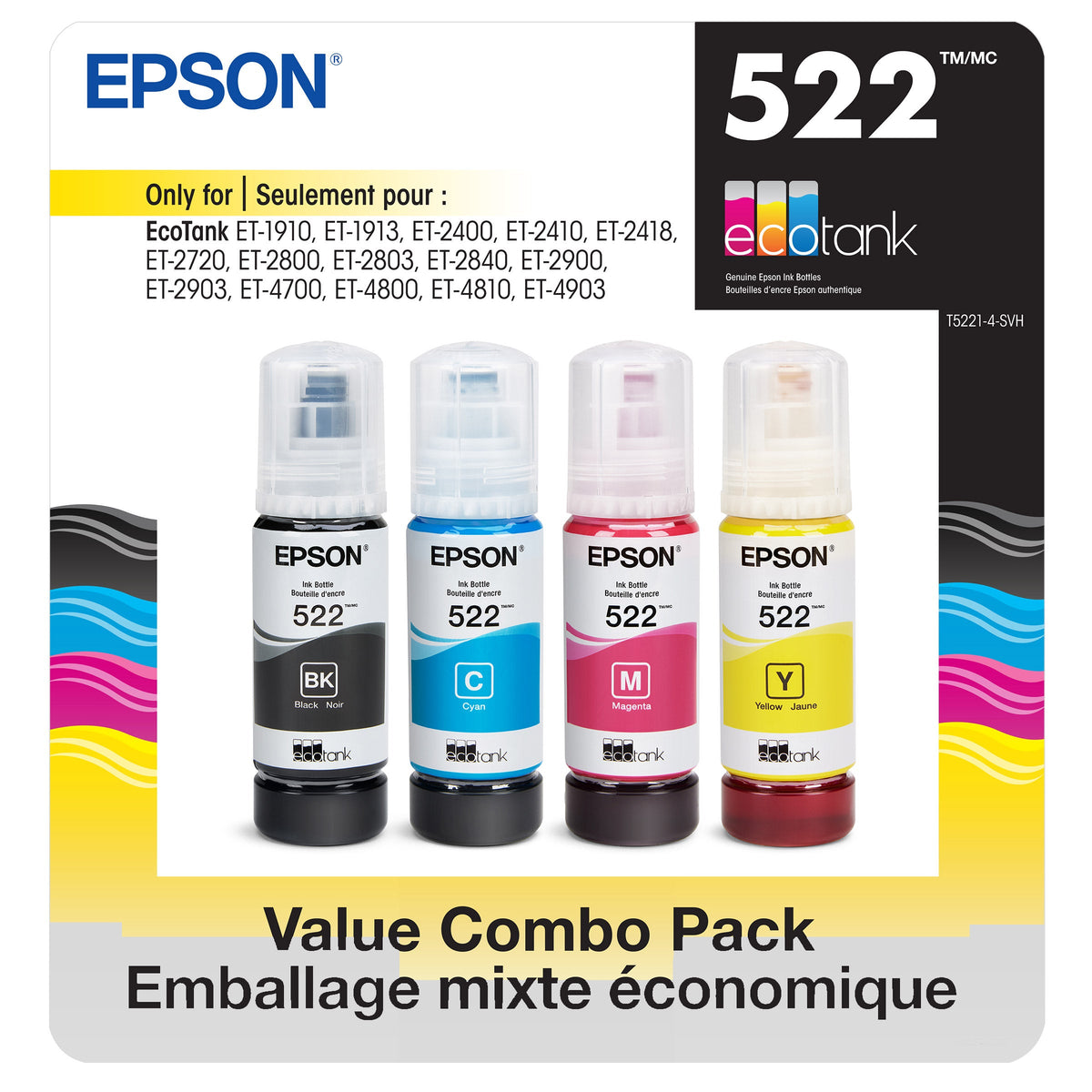 Encre et toner — Epson T522 EcoTank noir and Tri-colour Ink Bottle Combo Pack