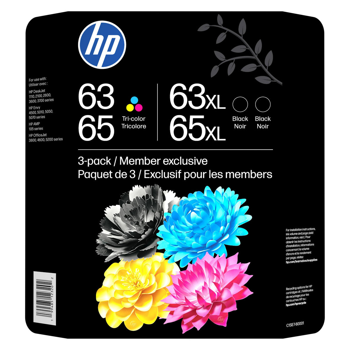 Encre et toner — HP 63/65 Color/XL noir Original cartouche d’encre (C1SE7BN) Club Combo paquet de 3
