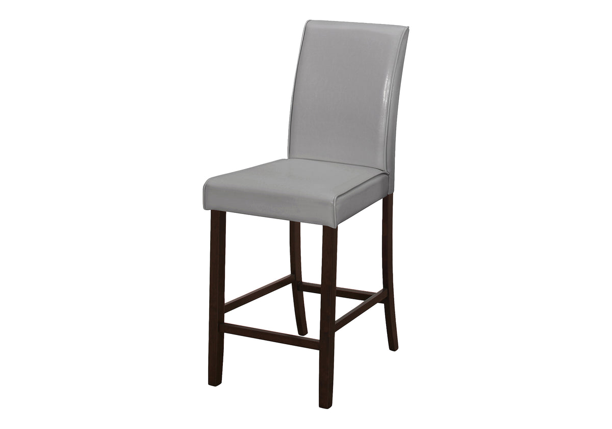Dining Chair, Set Of 2, Counter Height, Upholstered, Kitchen, Dining Room, Grey Leather Look, Brown Wood Legs, Transitional