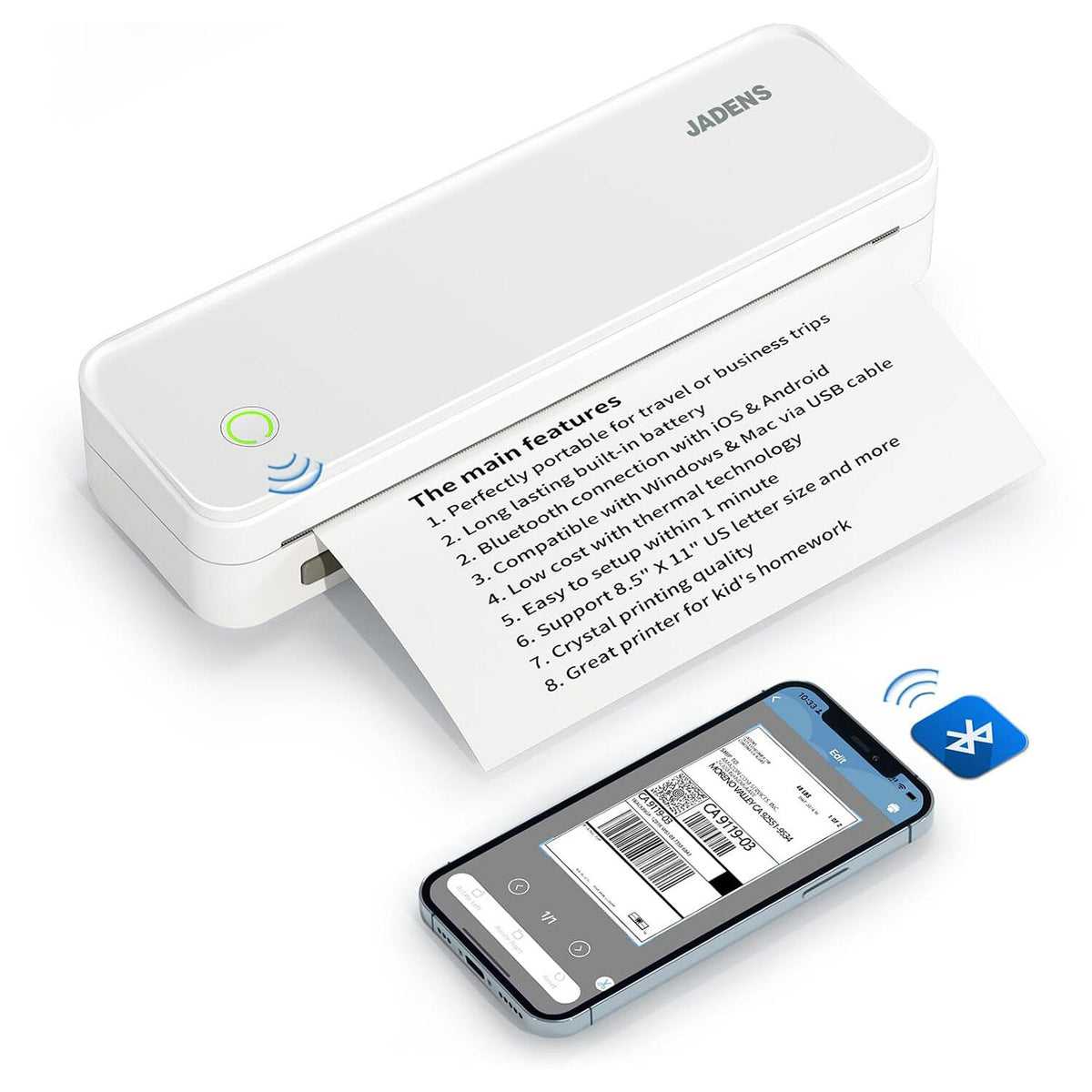 Imprimante — JADENS PD-A4 Bluetooth Thermal Portable Printer Support US Letter with 1 Rolls Label - White